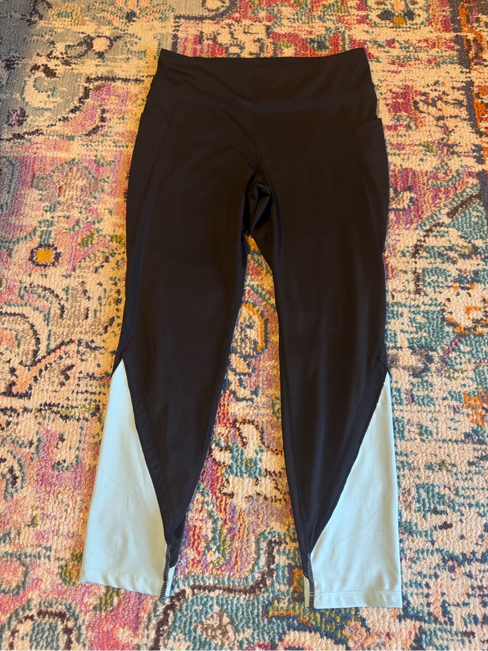 Tangerine Women’s Black Leggings with Mesh and Light Blue Panels
